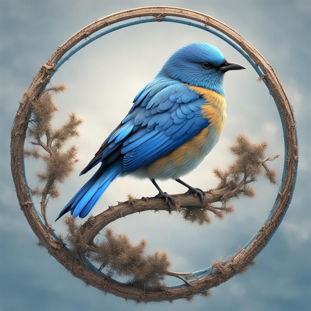Blue Bird Spreads Wings in Circular Display