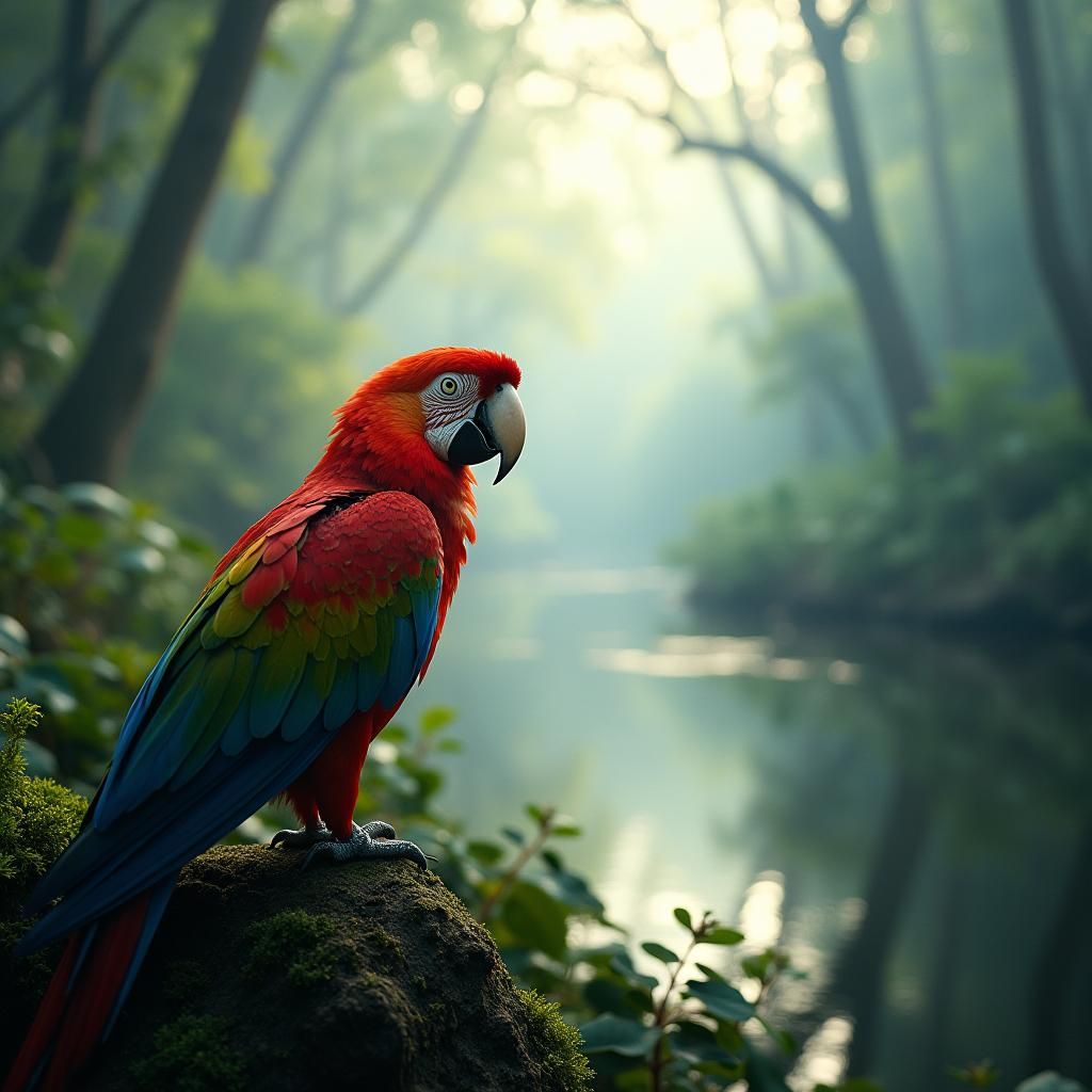 Majestic Parrot Overlooking Lush Forest and Lake