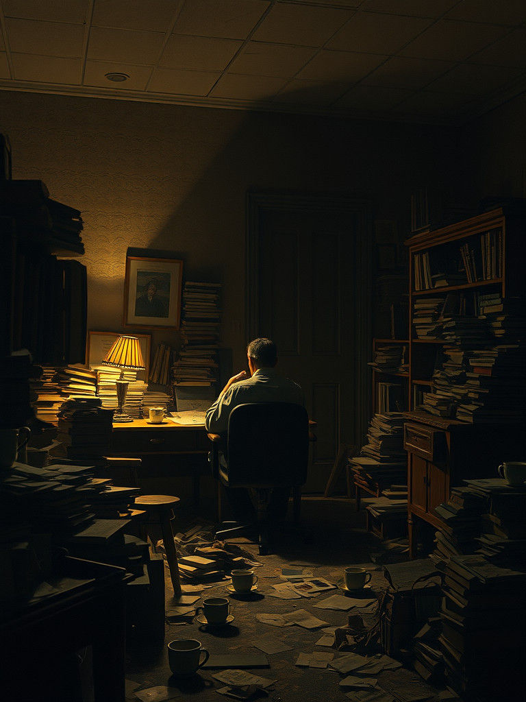 Solitary Figure in Dimly Lit Surrealist Study