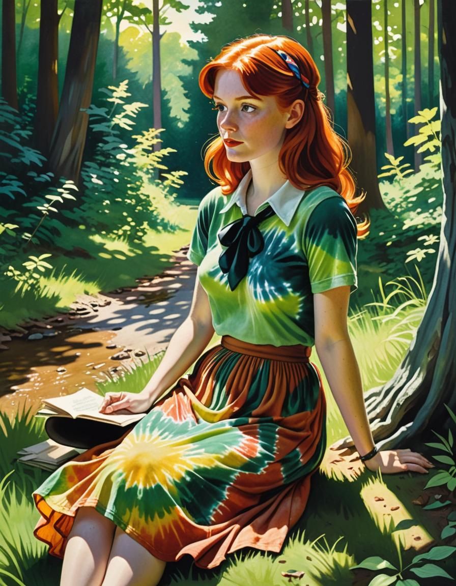 Redhead in Tie-Dye in Forest, Storybook Illustration