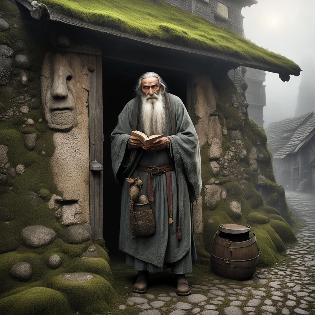 Mystical Village Elder at Ancient Mill in Matte Painting