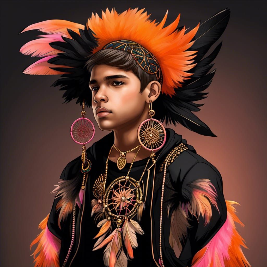 Detailed Portrait of Boy with Dreamcatcher Earrings