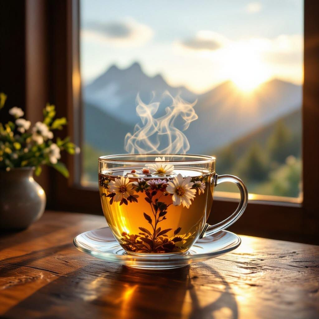 Steaming Herbal Tea in Transparent Cup on Carved Table
