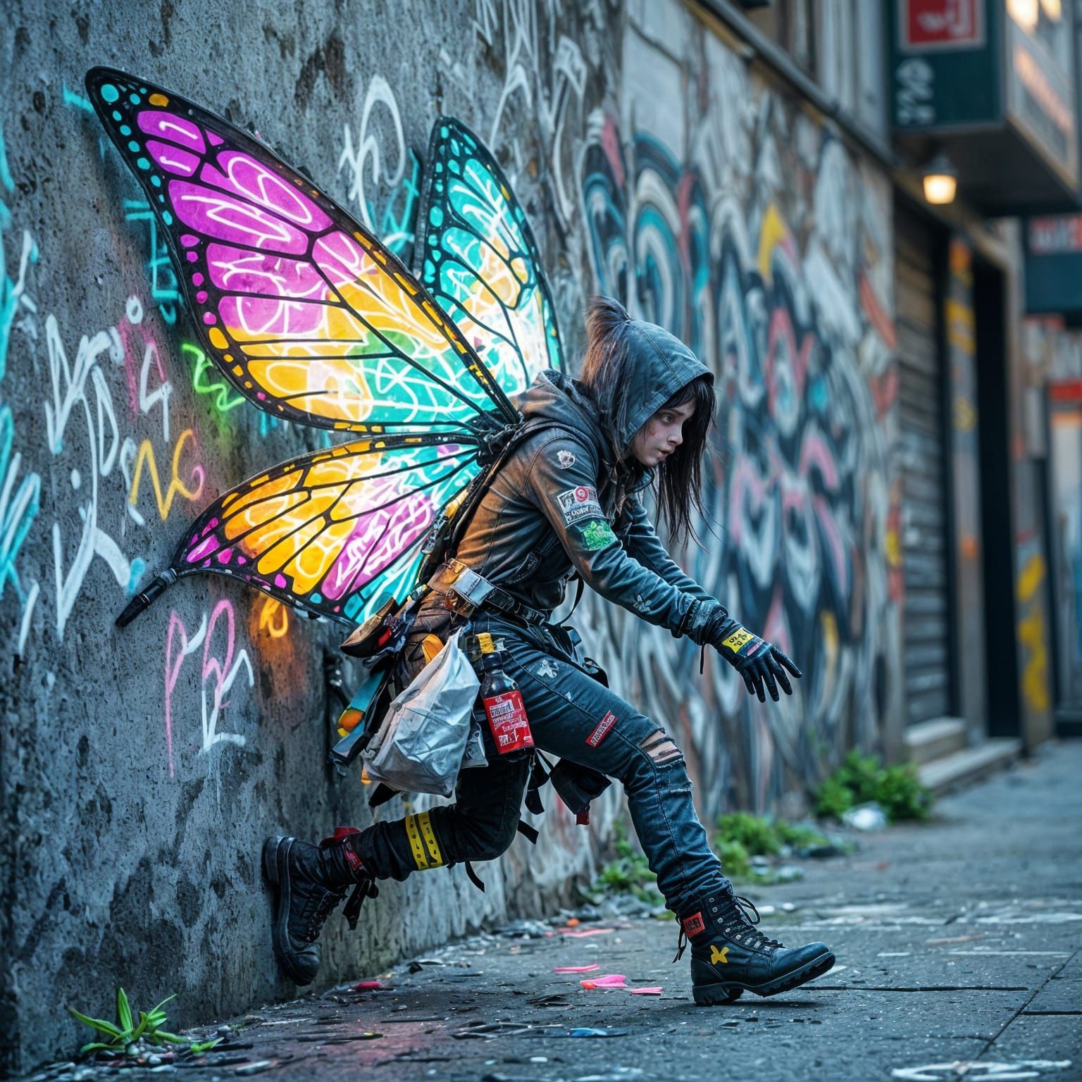 Urban Fairy with Neon Wings in Hyperrealistic Style