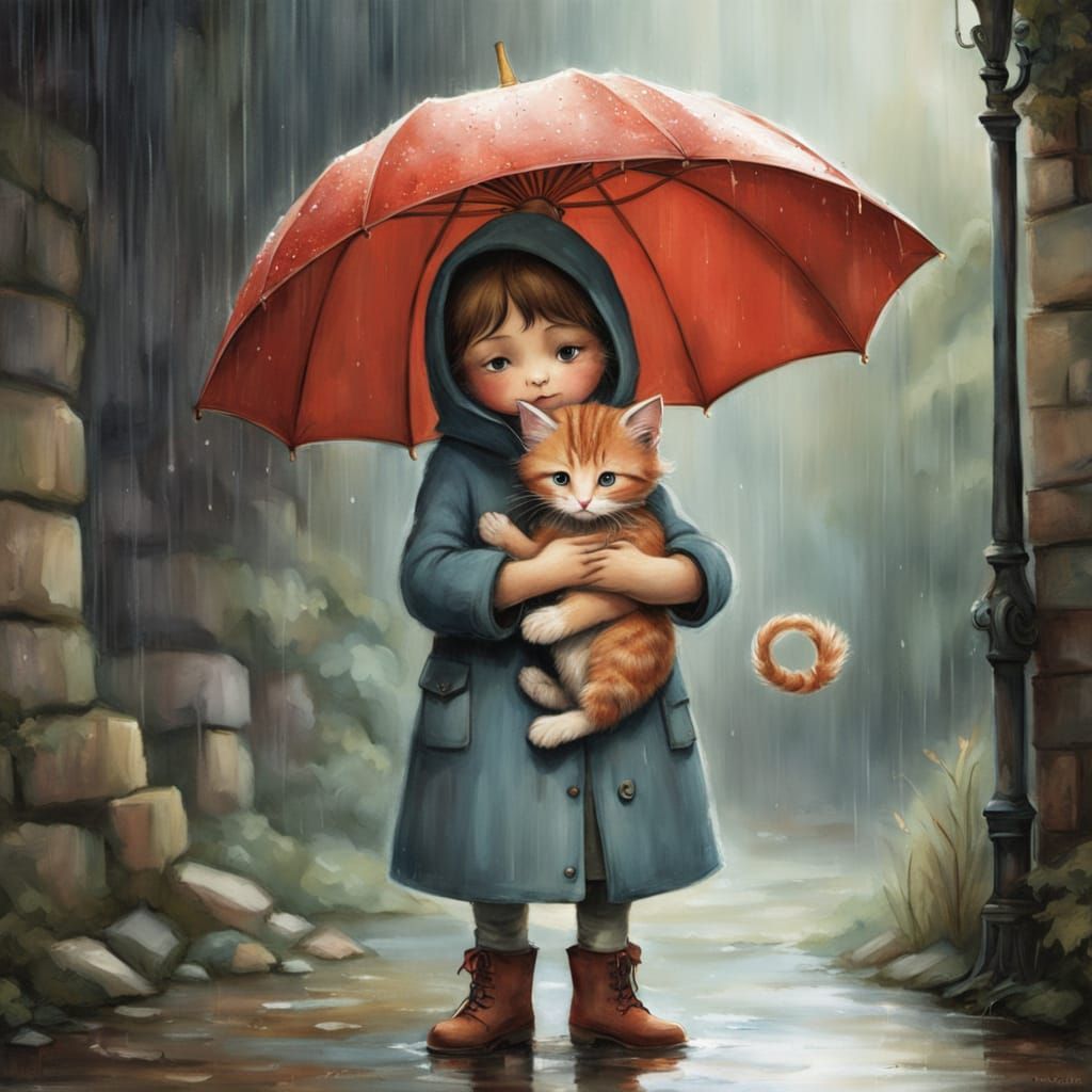 Girl Shelters Kitten From Rain Under Red Umbrella