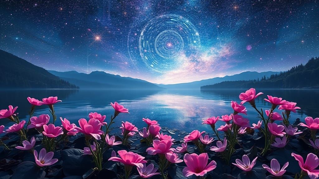 Pink Flowers Bloom in Cosmic Lakeside Astral Art