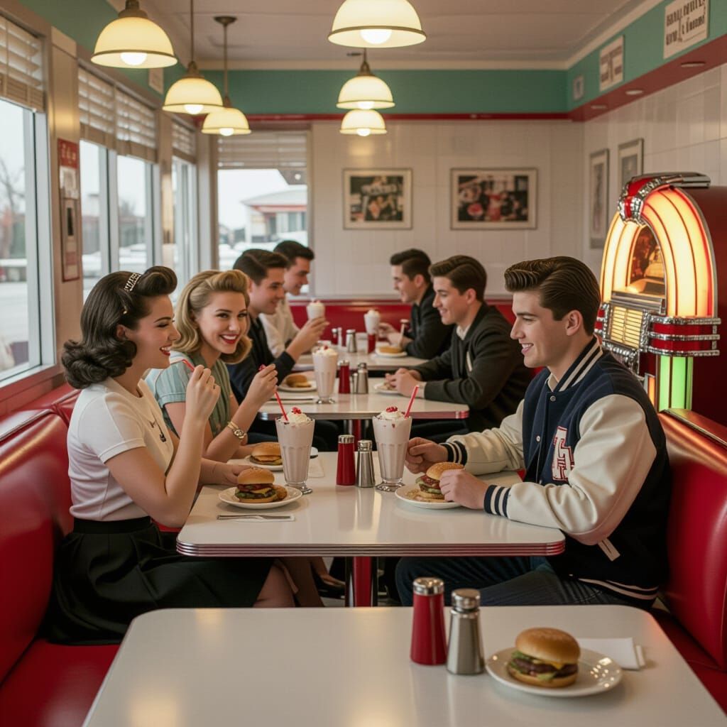 1950s Diner Nostalgia: Americana Scene with Patrons