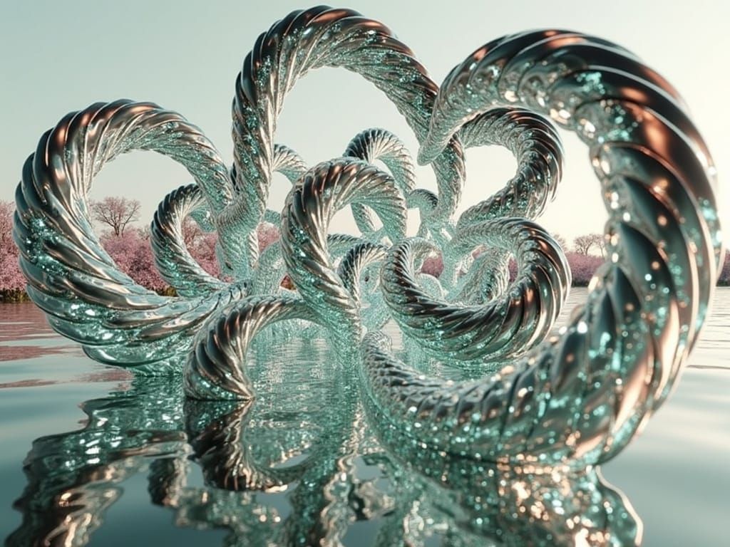 Large Sparkly Piece, in a Wading Pool with Blooming Cherries in the BG.