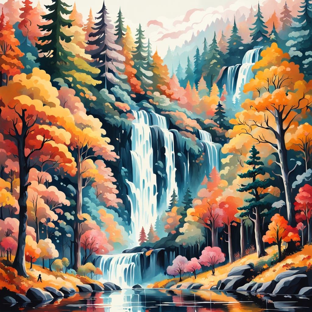 Vibrant Autumn Waterfall in Candyland Style
