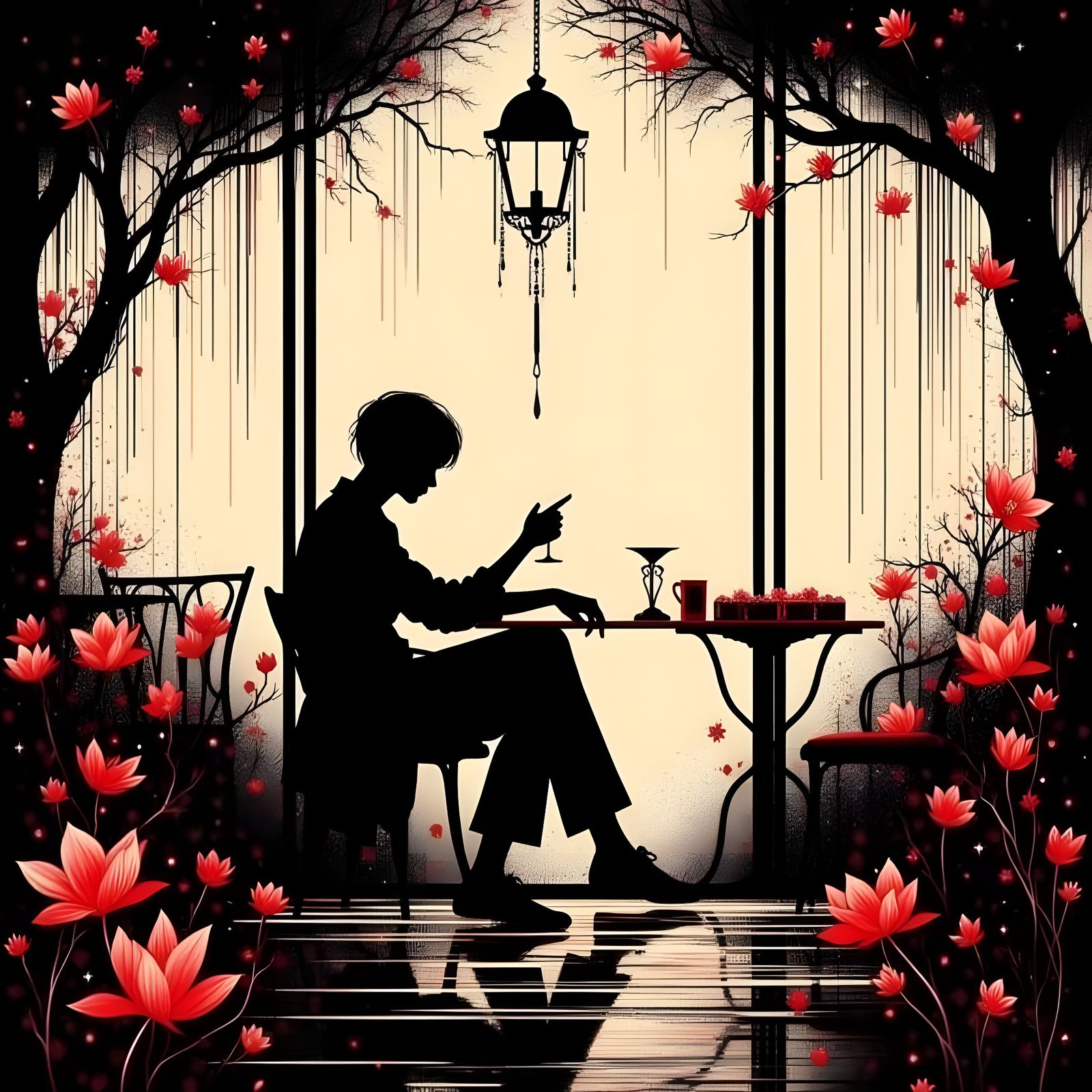 Cafe Silhouette with Flowers and Negative Space