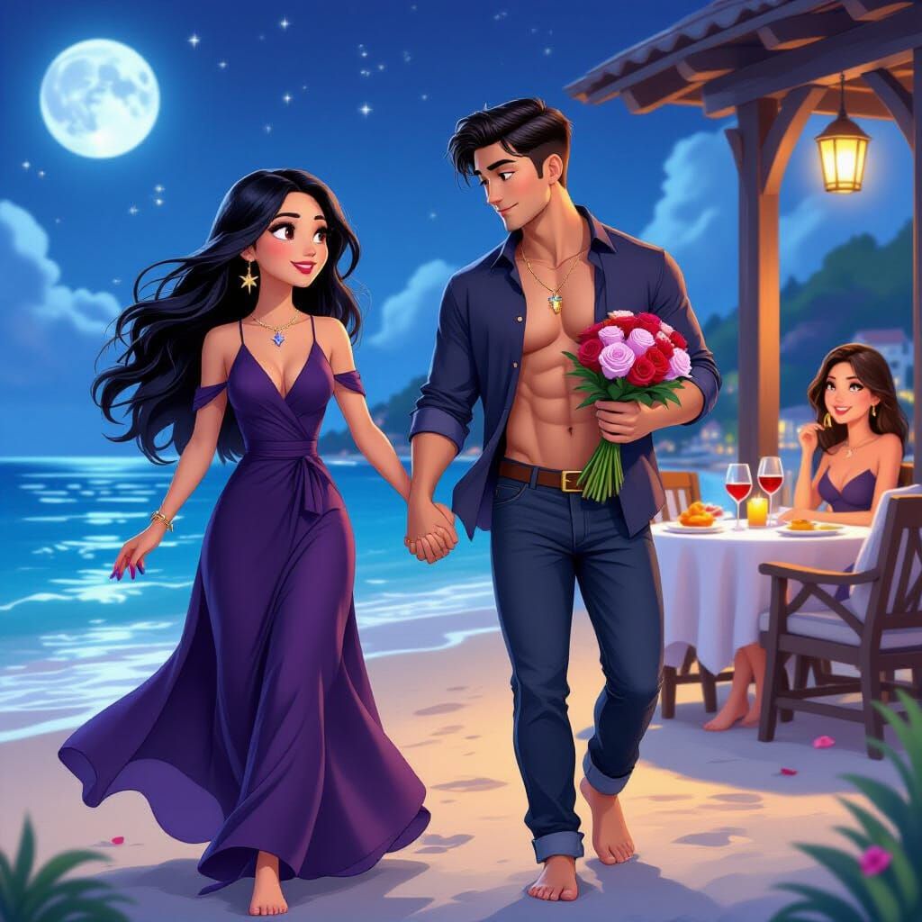 Animated Couple's Romantic Beachside Embrace in Miyazaki Sty...