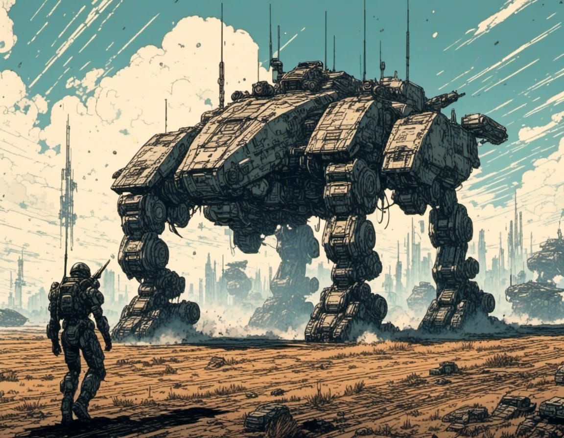 Armored Walking Tank on Battlefield in Mecha Style