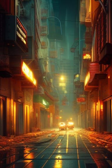 Detailed City Street Scene on a Destructive Night