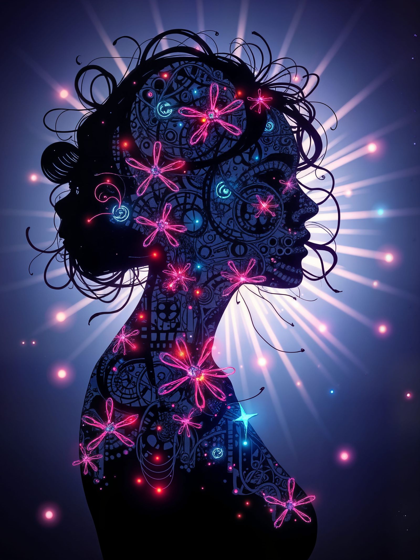 Vibrant Zentangle Woman Silhouette with Digital Glow