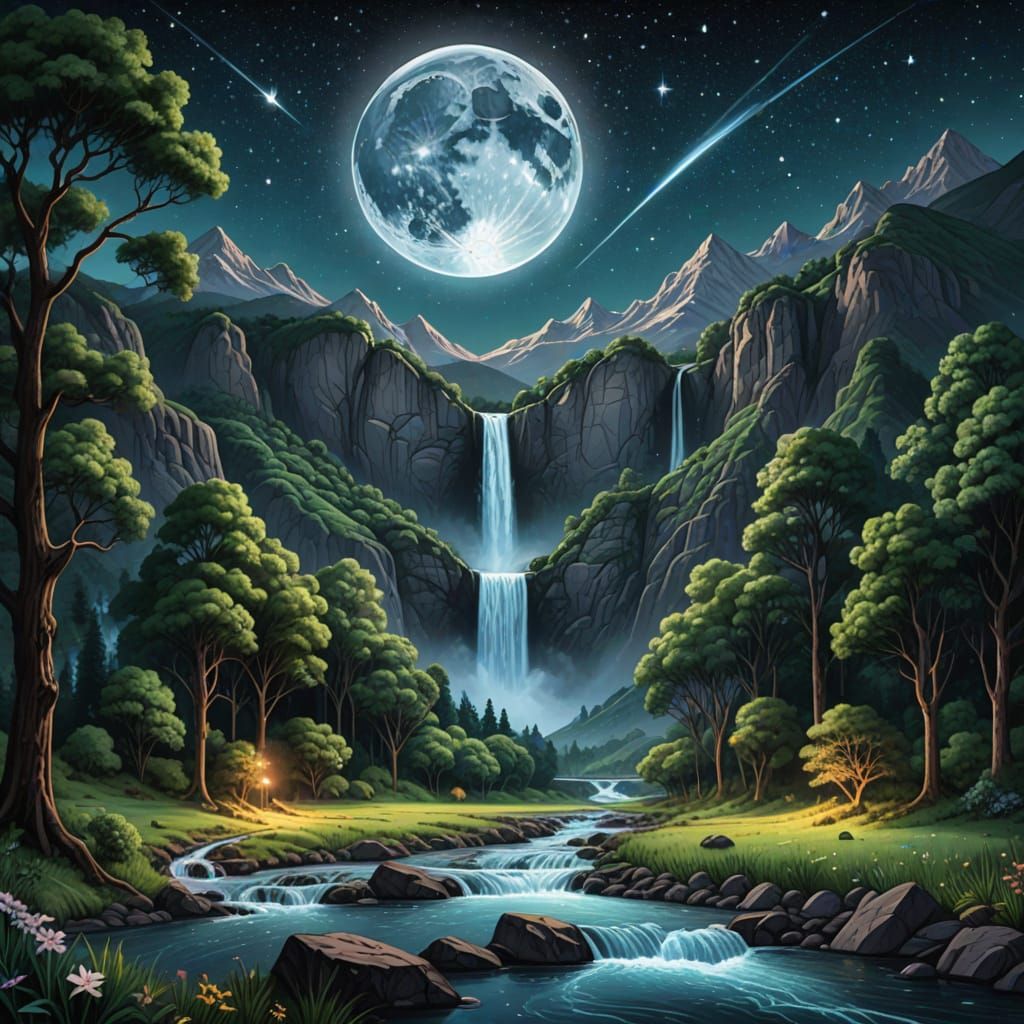 Lush River Valley at Dusk: Holographic Illustration