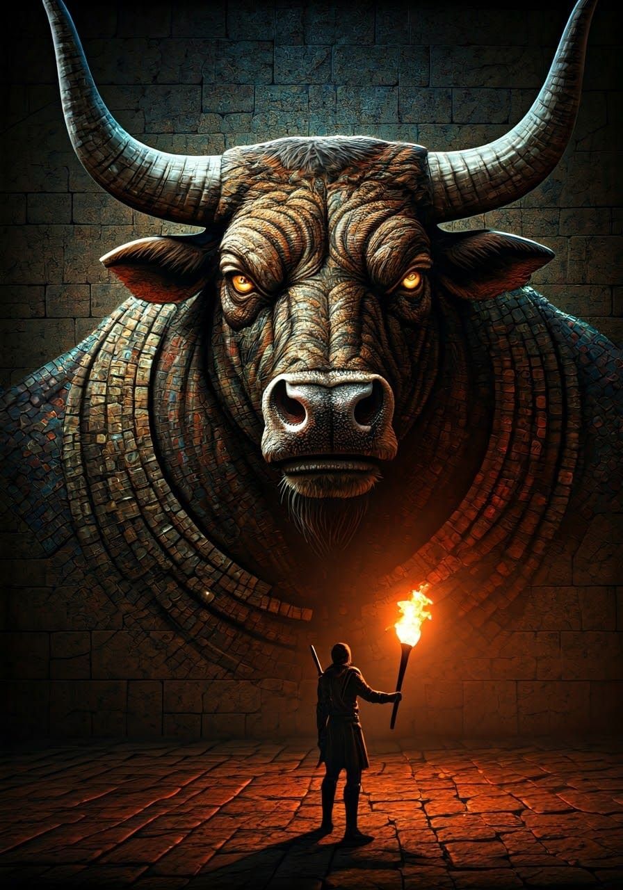 Majestic Minotaur Mosaic in Vibrant Iridescent Stones and Sh...