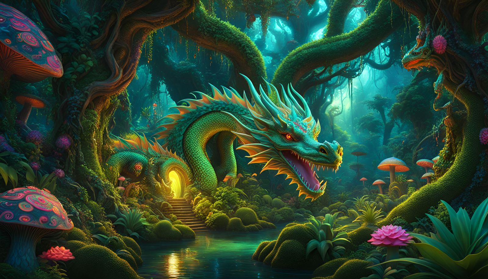 Psychedelic Jungle Dragon Guardian in High Fantasy Style