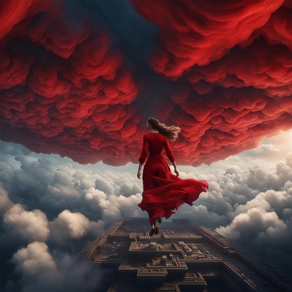 Woman in Red Running Upside Down on Clouds