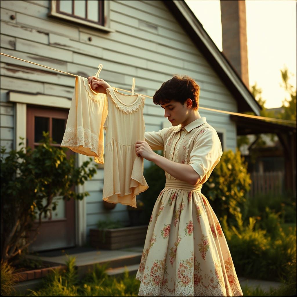 Masculine Gentleman Hangs Clothes in a Vintage Setting
