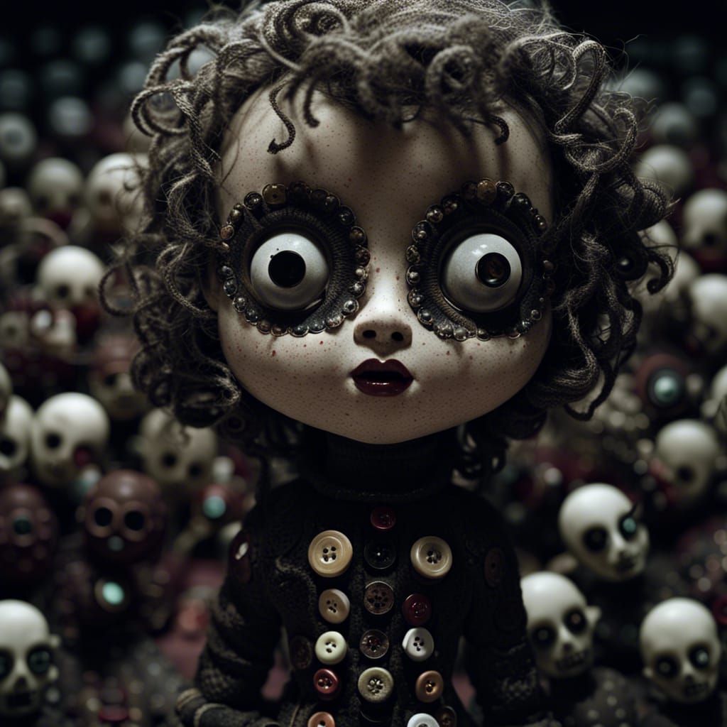 Eerie Button-Eyed Doll in Dark Impressionist Style
