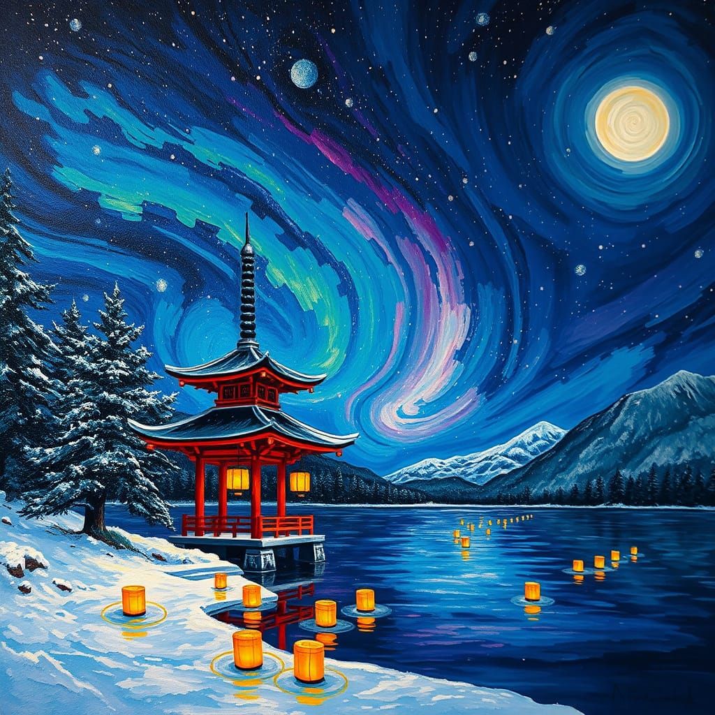 Neo-expressionist oil painting. Close-up shot. A Japanese pa...