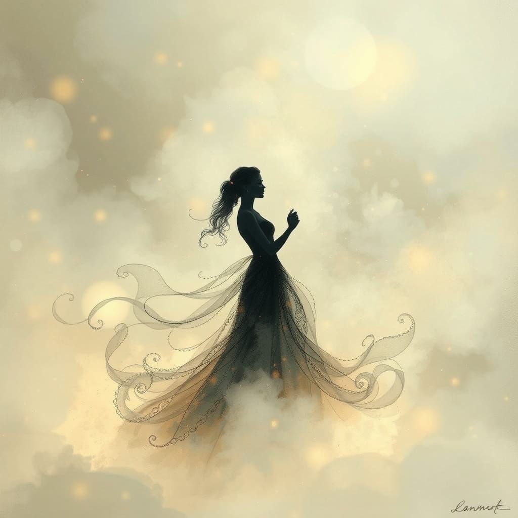 Ethereal Ink Silhouette of Dancing Couple