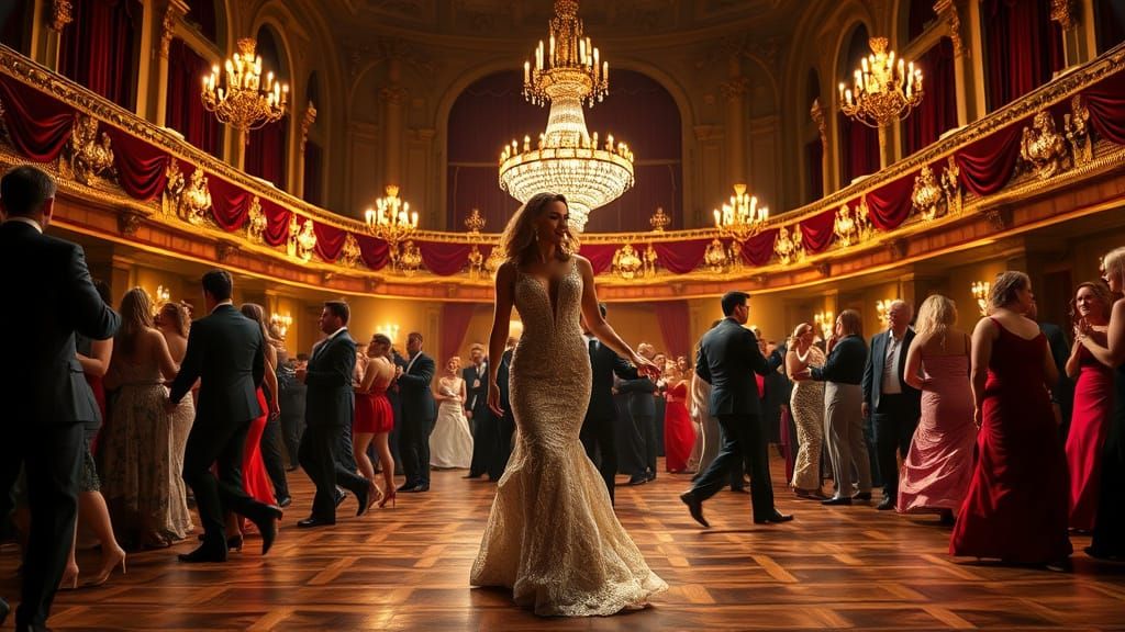 Elegant Woman Enters Grand Ballroom Dance Floor