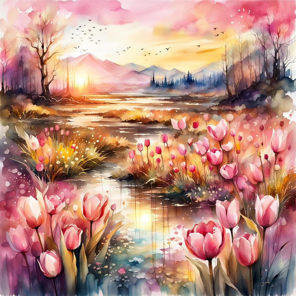 Golden Hour Fantasy Landscape in Watercolor Style
