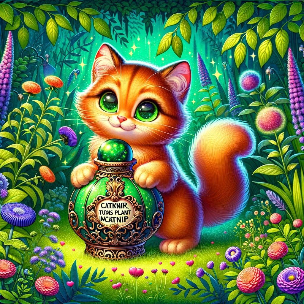Enchanted Catnip Potion in a Lush Garden
