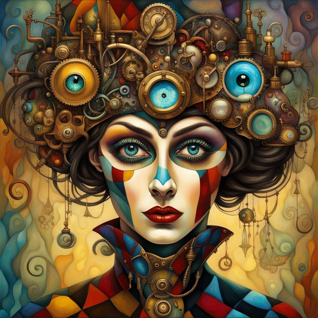 Steampunk Harlequin Surreal Patchwork Woman, Digital Art