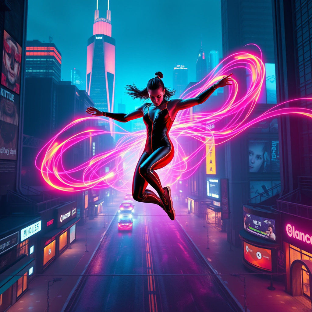 Futuristic Dancer Leaps Through Holographic Cityscape