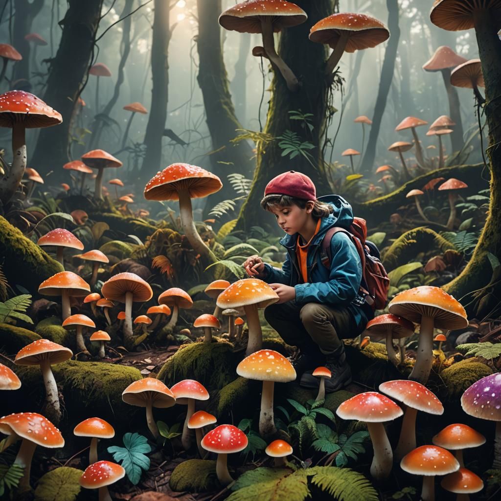 Child Discovers Colorful Mushrooms in Misty Rainforest