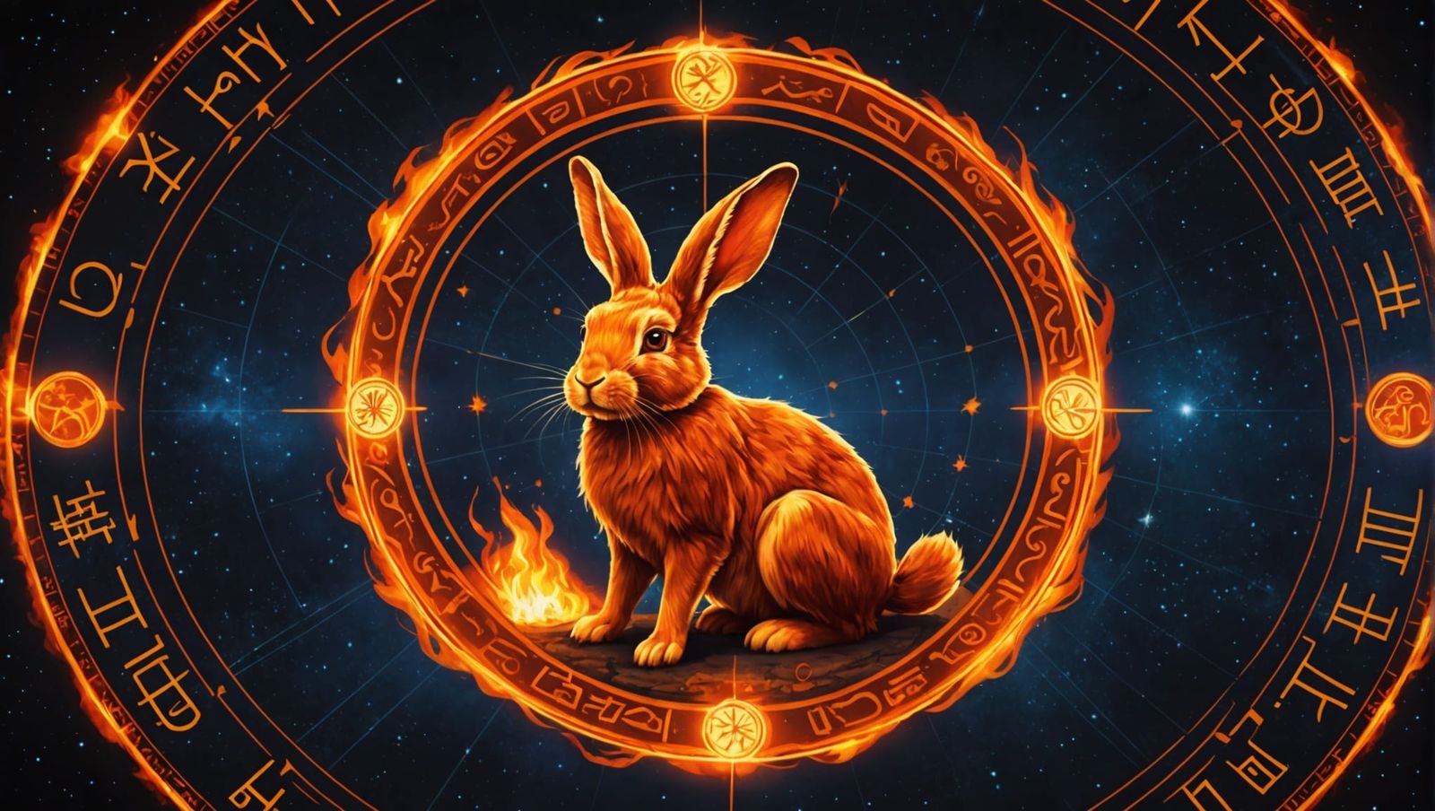 Fiery Rabbit in Zodiac Circle: Digital Art