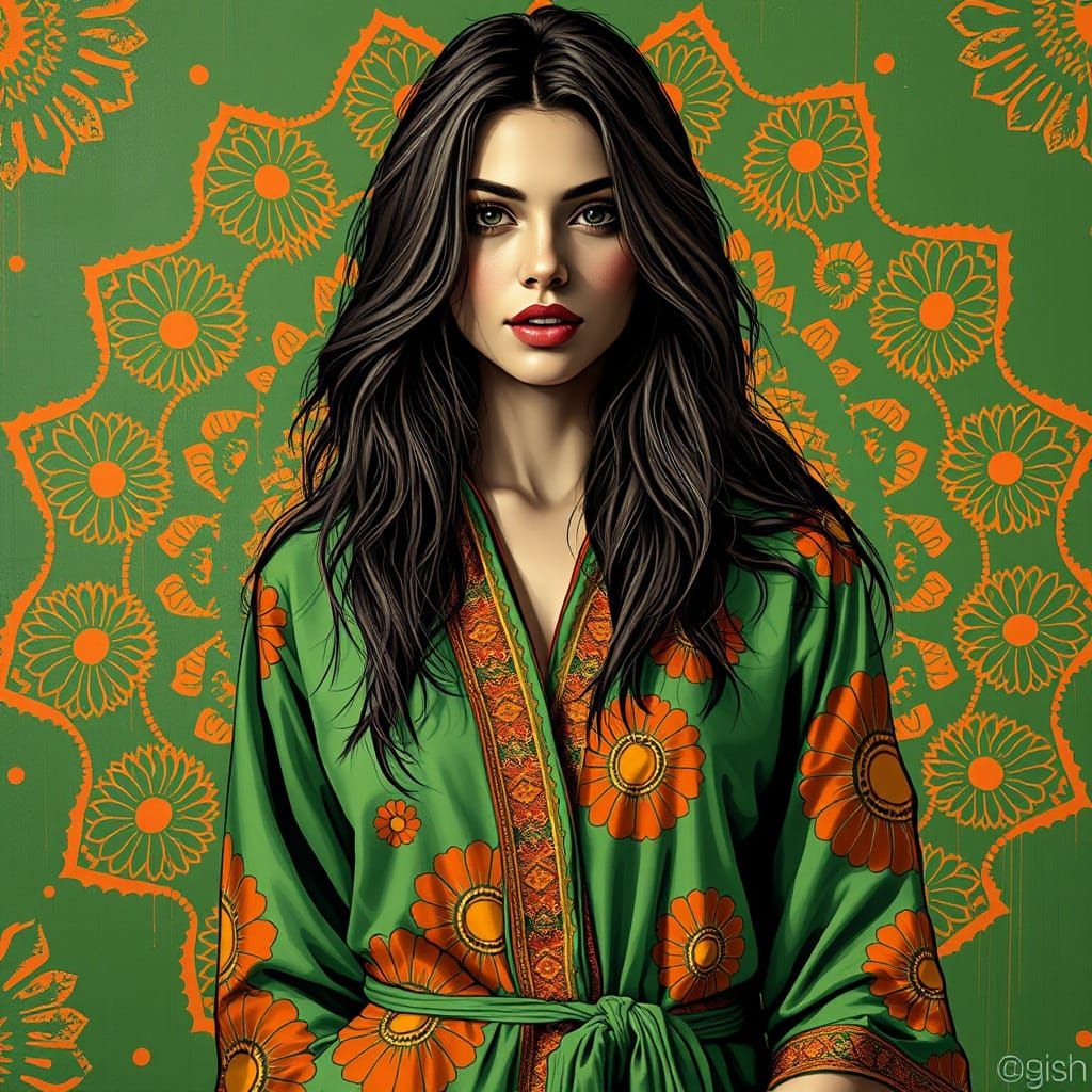 Rangoli-Inspired Woman in Vibrant Green and Orange