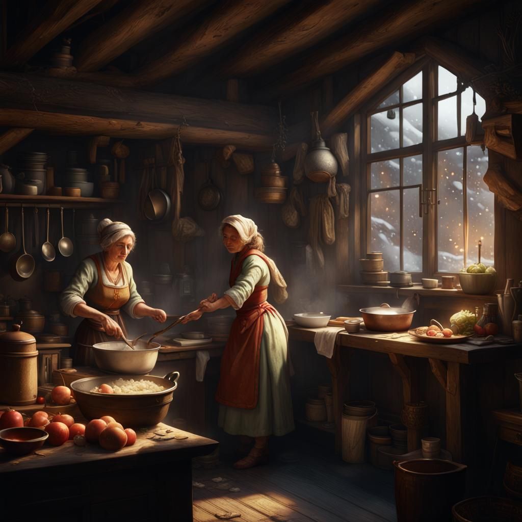 Snowy Inn Scene in Dark Fantasy Style