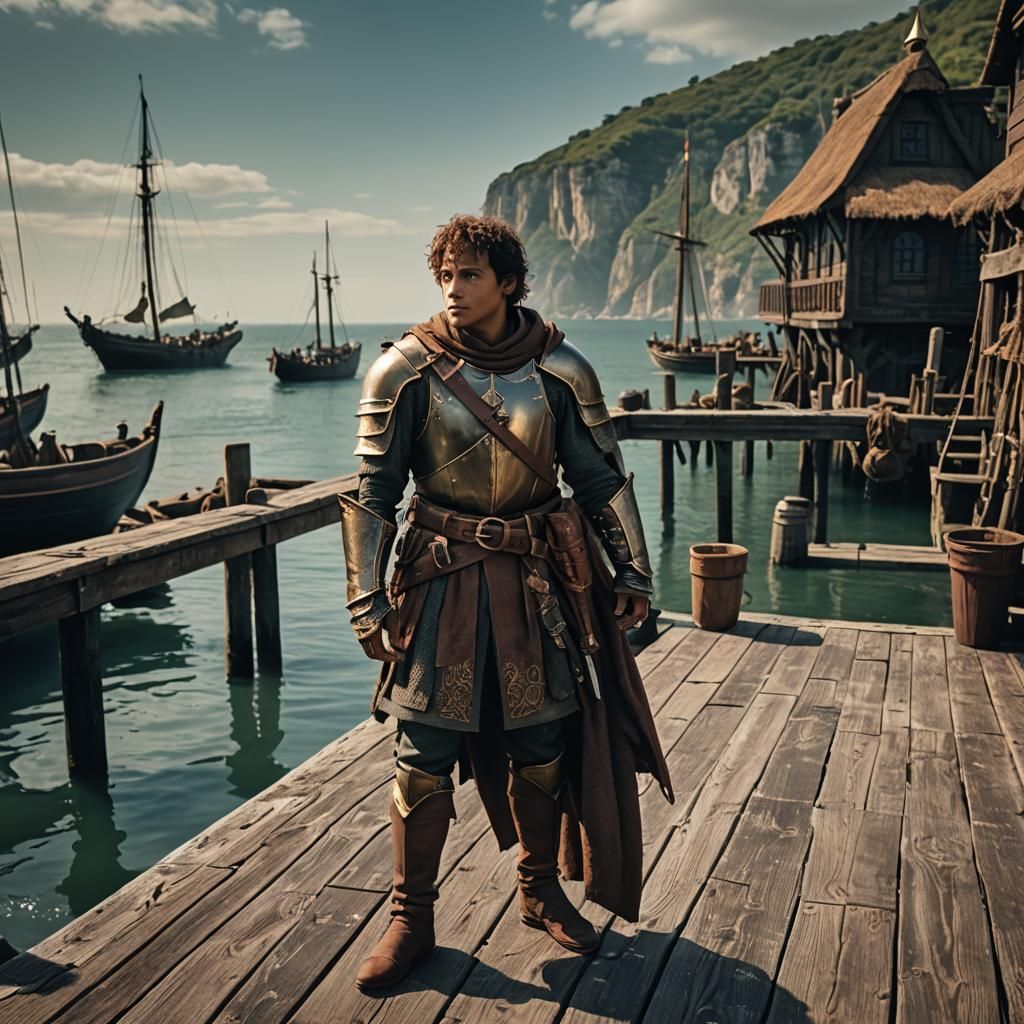 Fantasy Characters on Pier at Night: Cinematic Film Still