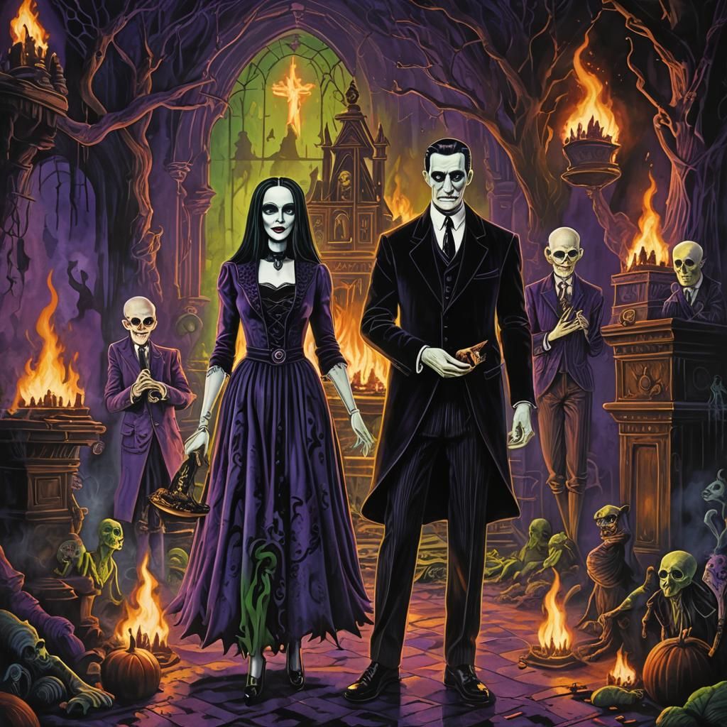 Addams Family in Whimsical Gothic Fantasy Scene