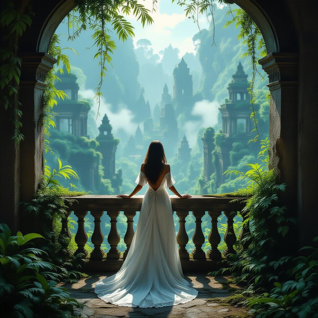 Woman on Balcony Overlooking Jungle Cityscape