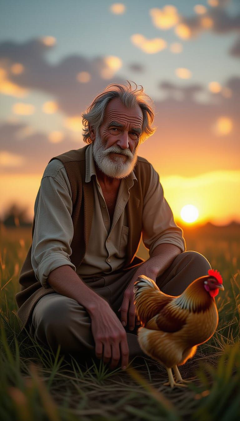 Renaissance Style Old Man and Chicken at Sunset