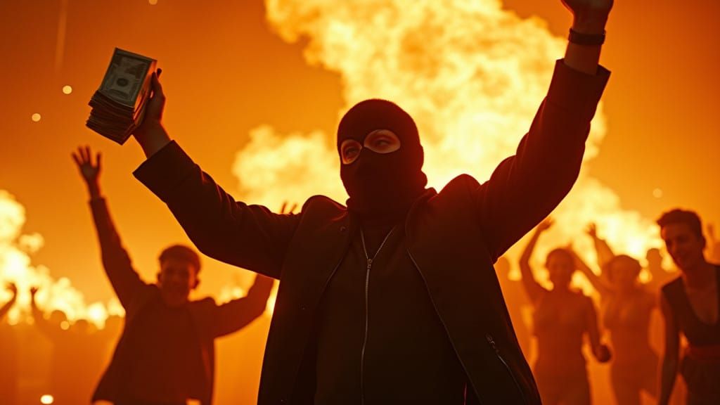 Dramatic Cover Art: Masked Scammer in Blazing Flames