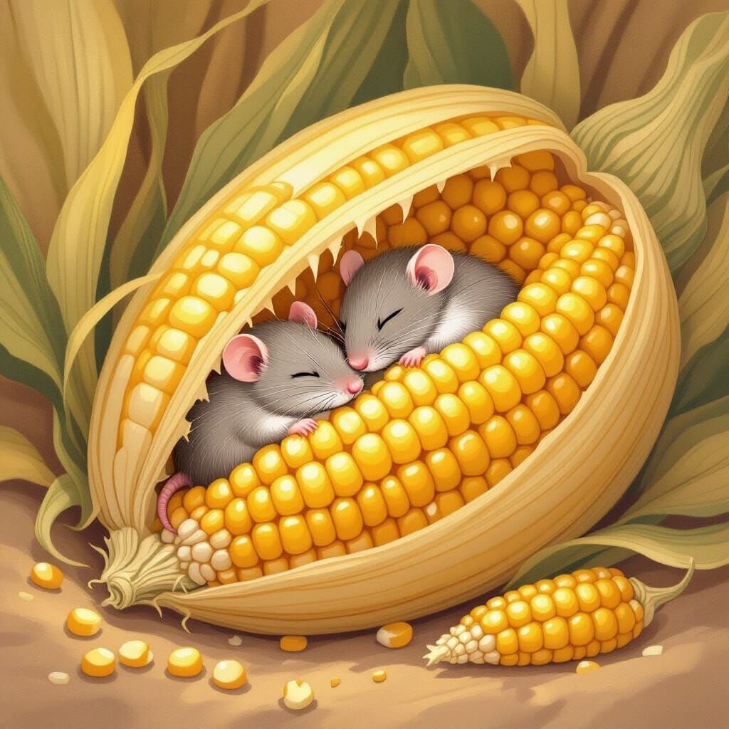 Rat Couple Sleeping in Giant Maize Cob Illustration