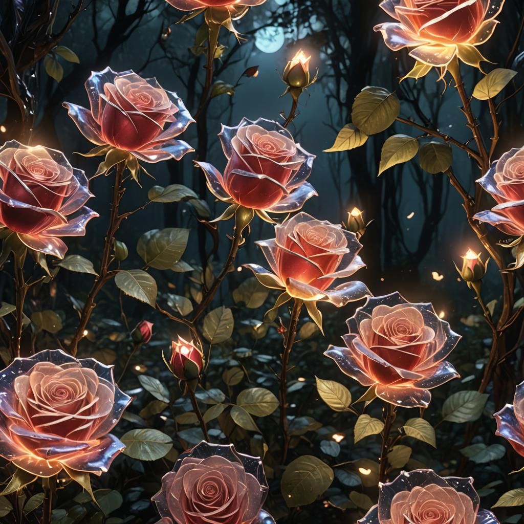 Glass Roses Illuminate Dark Forest: Fantasy Art
