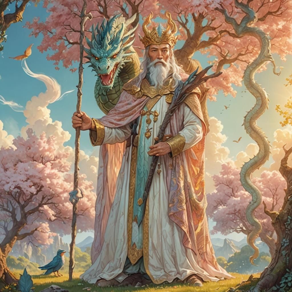 Man and Two-Headed Dragon in Fantasy Landscape