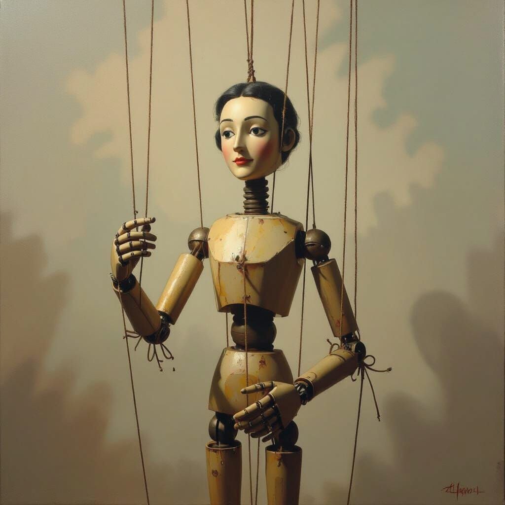 Marionette Controlling Own Strings in Surrealist Style