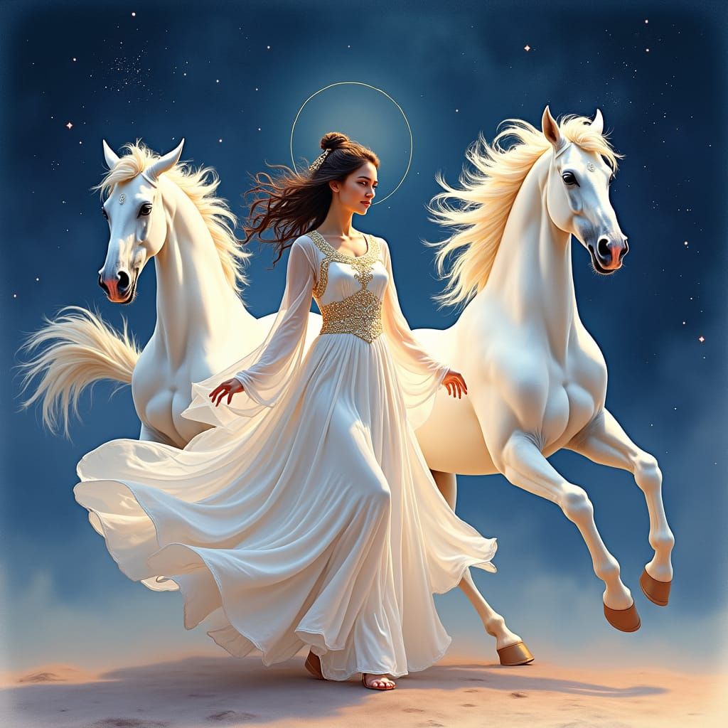 Woman Dancing with Horses in Watercolor Night Sky