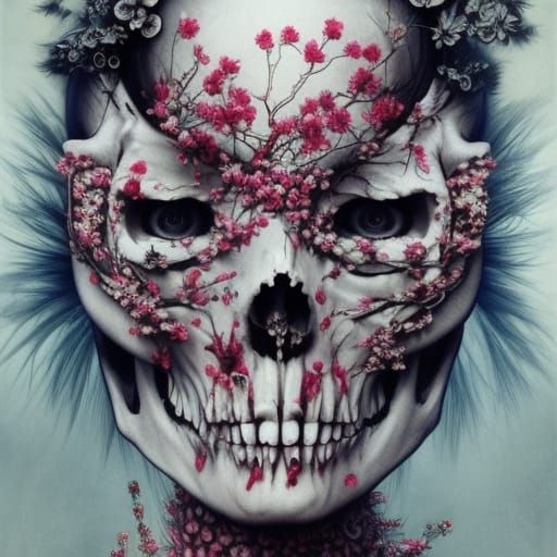 Geisha Skull in Cherry Blossoms: Dark Fantasy Art