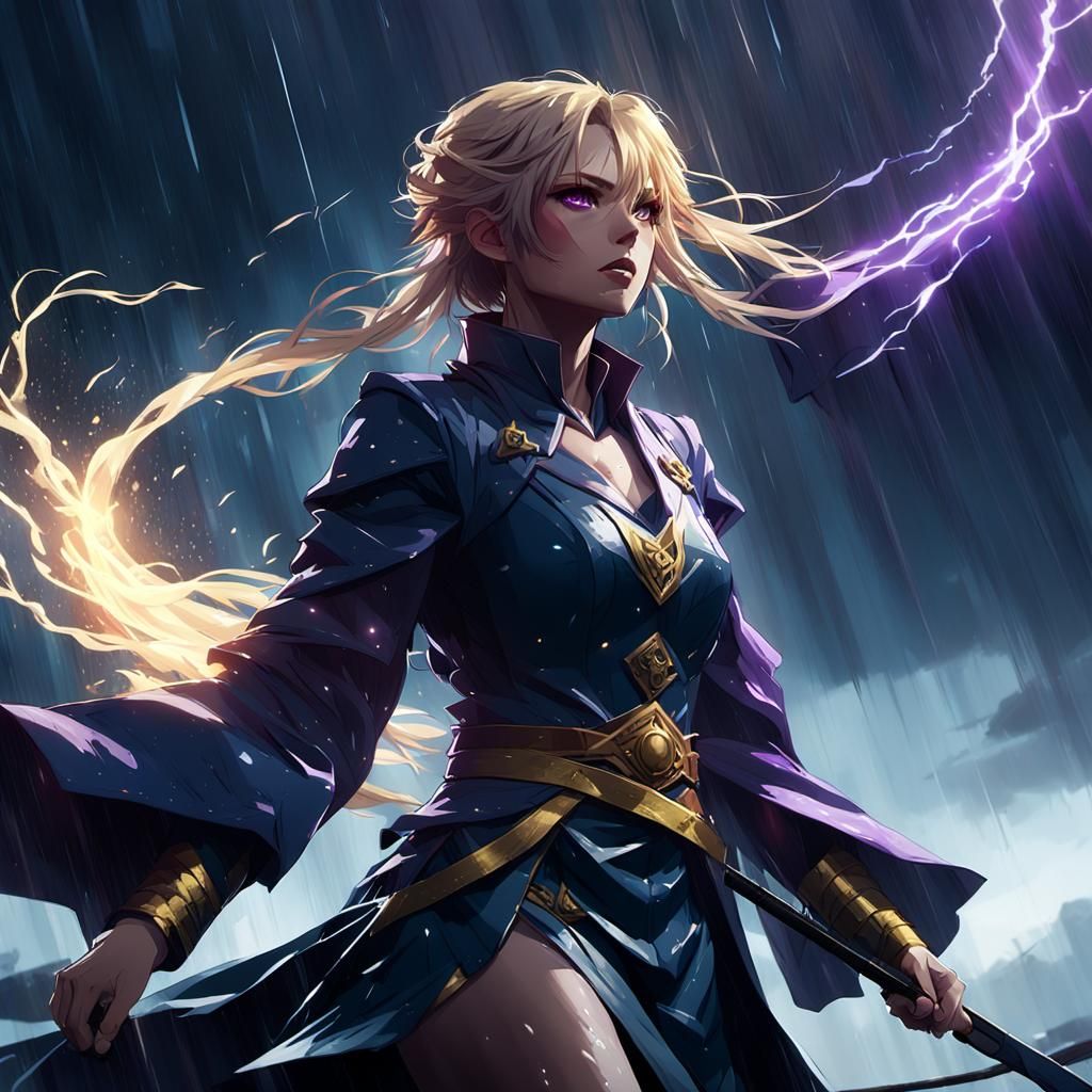 Anime-Inspired Maiden in Stormy Cinematic Concept Art