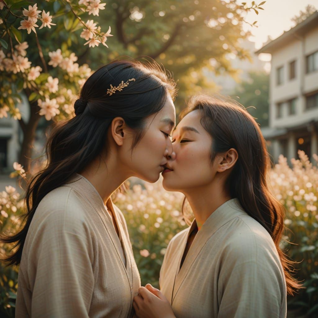 Tender Moment of Asiatic Women Sharing a Kiss in Warm Golden...