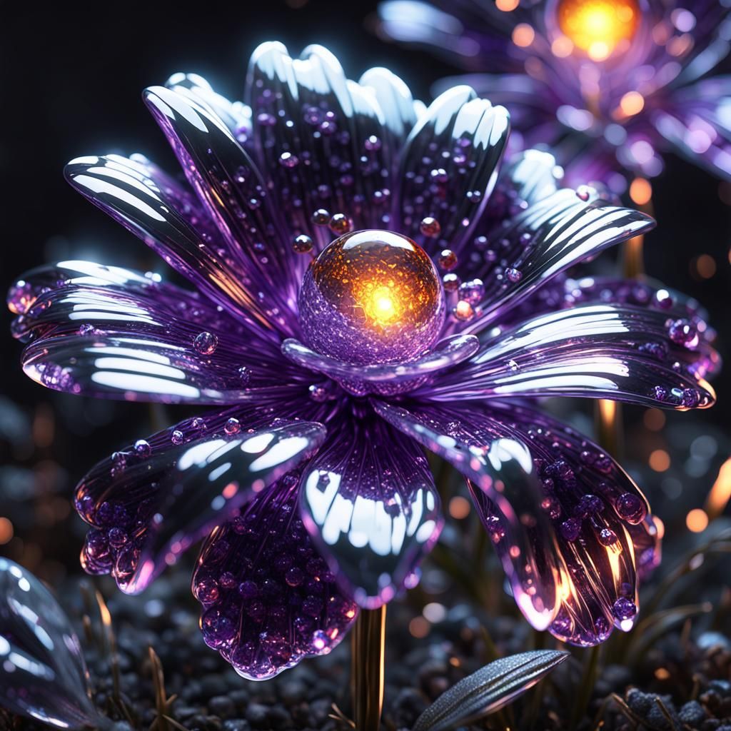 Epic Crystal Glass Violet Flower with Fireflies