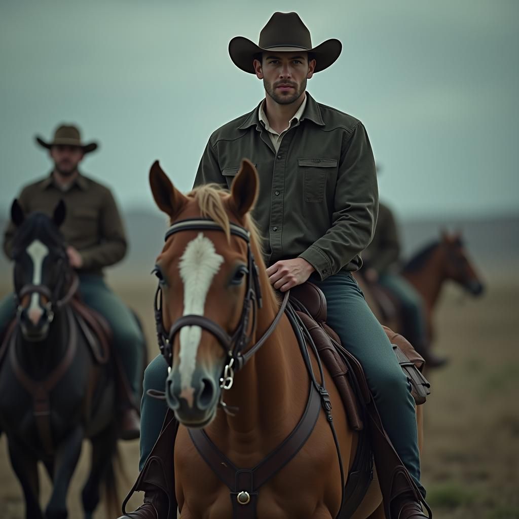 Hyperrealistic Campsite Scene with Riders and Walkers